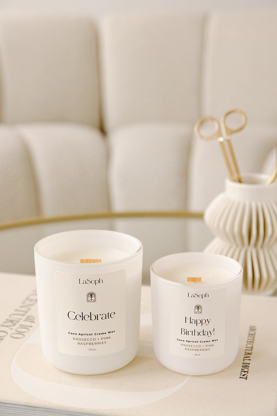 LaSoph Candles Luxury Serenity Ecofriendly celebrate candle prosecco pink raspberries birthday