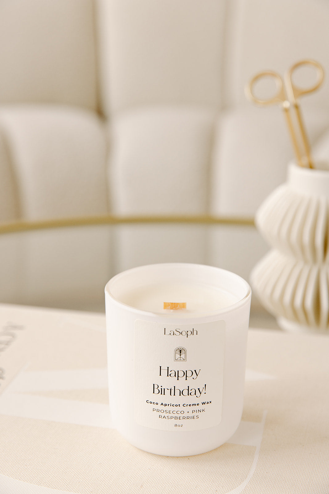 LaSoph Candles Luxury Serenity Ecofriendly celebrate candle prosecco pink raspberries birthday