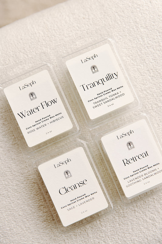 LaSoph Candles Luxury Serenity Ecofriendly Wax Melts Tranquility Tranquil Tonka Sweet Sandalwood Retreat Lavender Blooms Soothing Sandalwood Water Flow Rose Water Hibiscus Cleanse Sage Lavender